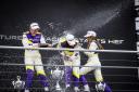Alice Powell (left) celebrates her second place at Hockenheim with Jamie Chadwick and Marta Garcia Picture: Sam Bloxham