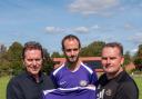 Division 2 South side Letcombe will be sponsored by local newsagents Rowes this season. Mike Rowe (left) presents the new shirt to manager Garry Cook (right) and captain Josh Fowler