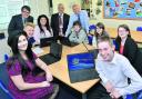 Sixth-formers Lily Fowler, front, left, and Ewan Houston, front, right, with, from left, Thomas Willoughby, head of sixth-form Rob Dorey, Hollie Hancock, executive headteacher Damian Booth, Iain Bilton, Braiden Davies, Susan Oliver and Becki Sanderson