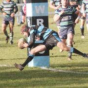 Full back George Lewis grounds the ball for Witney's first try against Reading Abbey. Picture: Steve Wheeler