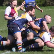 FORCE: Pete Boulton drives over for Oxford Harlequins’ first try during their victory over Old Centralians at Marston Ferry Road Picture: Steve Wheeler