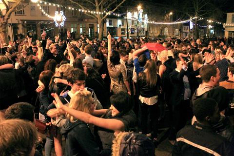 New Years celebrations, revellers  in Market square Witney