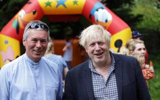 Boris Johnson and Revd Kevin Beer at the spring fair at St Agatha Church in Brightwell-cum-Sotwell