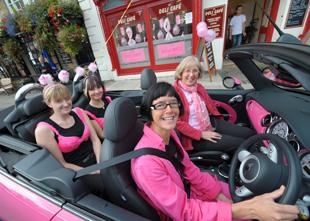 The Pink Mini  Driver Karen Gibson Front Passenger Patricia Leathem - CEO of the Charity.