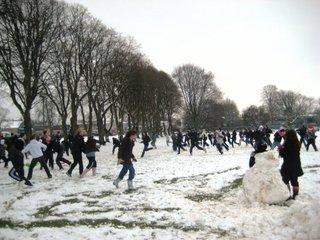 A snowball fight between Henry Box and Wood Green students