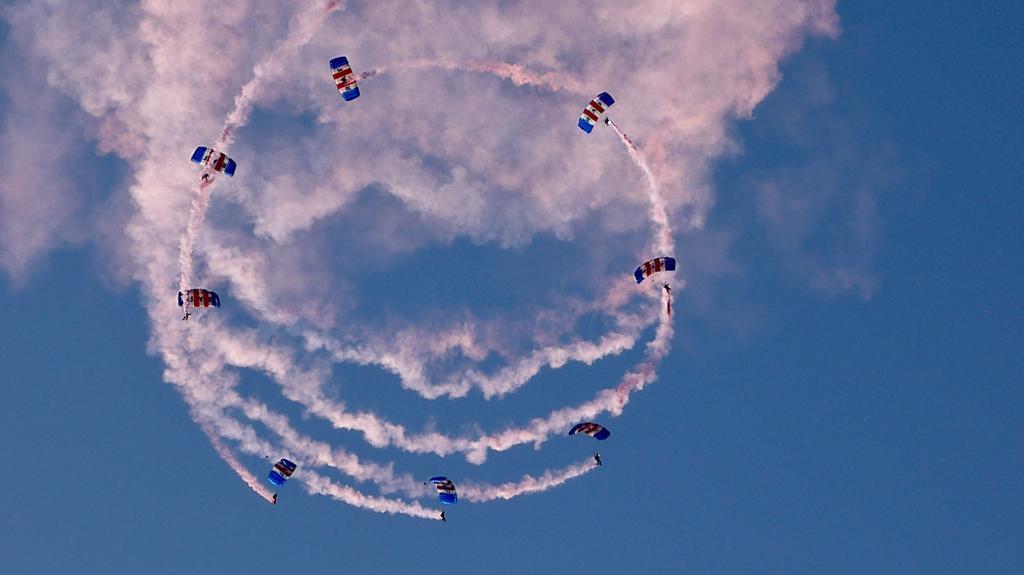 The RAF Falcons decorating the skies above Carterton with their red and white smoke. Picture: RAF Brize Norton