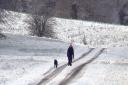 A person and dog walking in the snow. Credt: PA