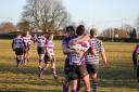 Caillin Taylor congratulates Jack Taylor on his try during Wheatley's victory over the Blue Boar in the Oxfordshire Shield Picture: Simon Chadbone