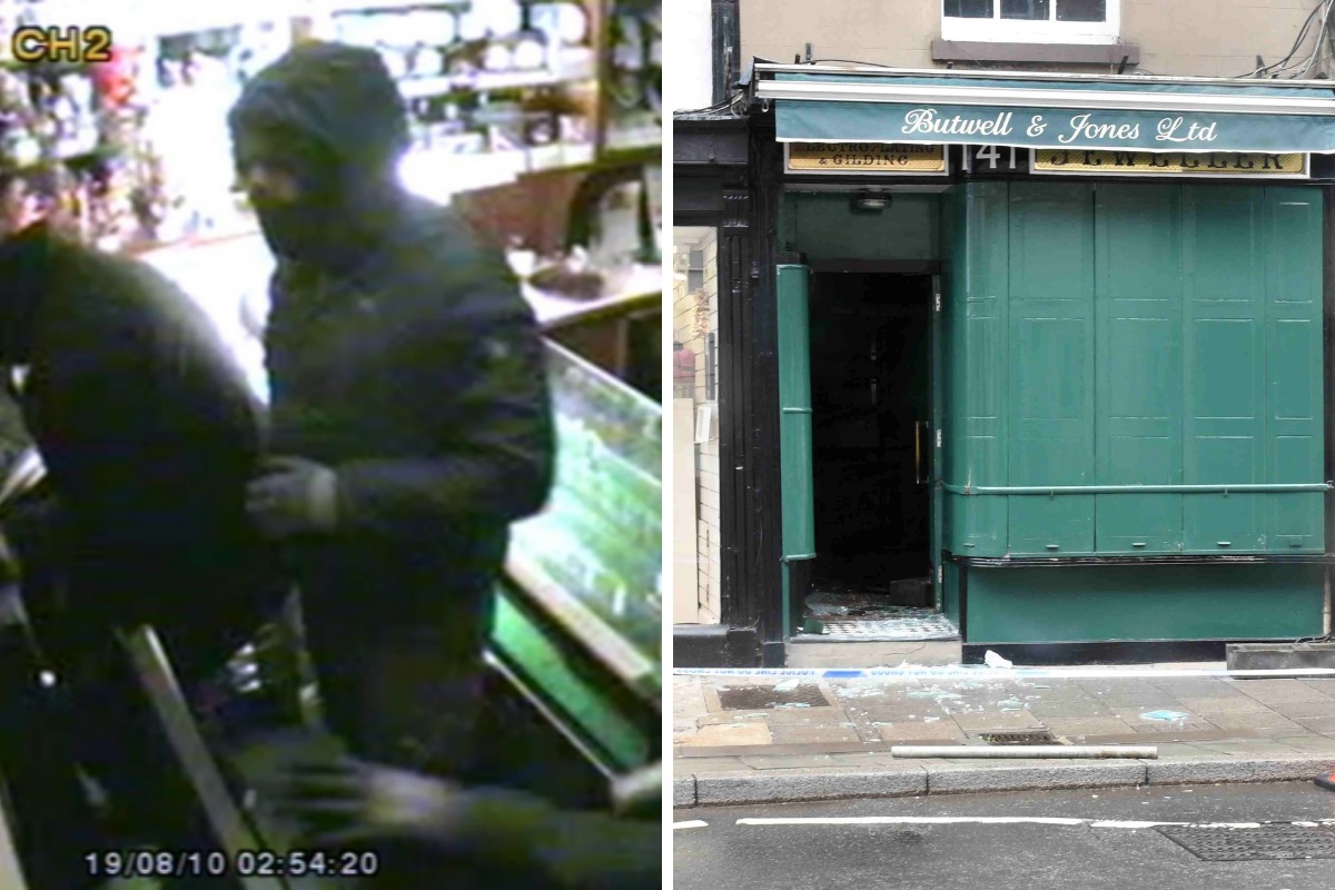The raiders in Butwell and Jones Jewellers, Tewkesbury, and the damage to the shop Pictures: GLOUCESTERSHIRE CONSTABULARY/GLOS NEWS SERVICE 