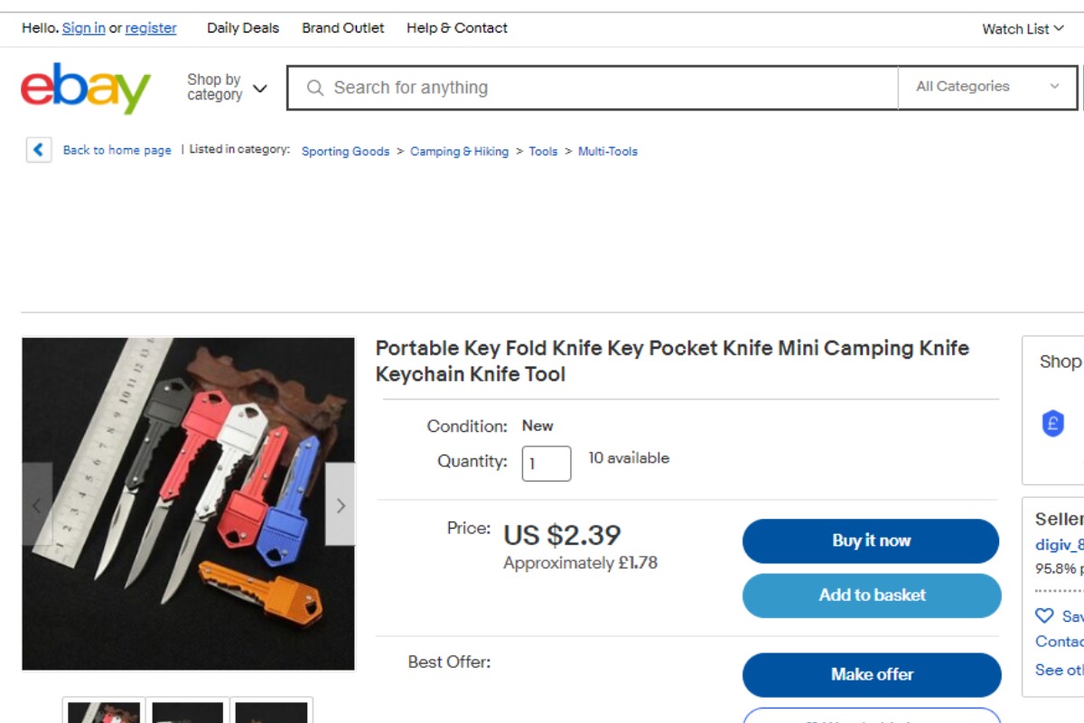 A listing for a knife similar to the key Alisha Jones had in Witney Snooker Club in August 2020, pictured on Ebay website (retrieved January 4, 2022) Picture: EBAY/WEB