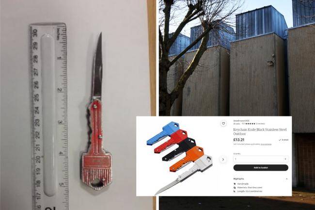 The key Alisha Jones had in Witney Snooker Club in August 2020; Oxford Magistrates' Court; inset, a listing for a similar product on Etsy Pictures: CPS/OM/ETSY