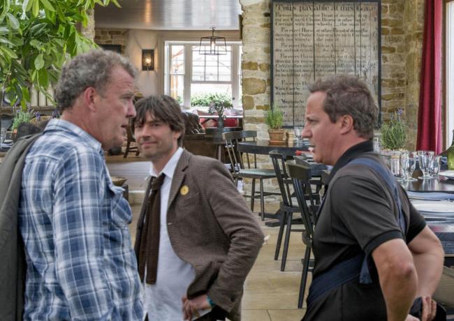 Jeremy Clarkson, Alex James and David Cameron pictured at Alex James presents Harvest at Kingham (PICTURE PA CREDIT) on top of a file picture of the pub.
