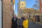First 20mph sign goes up in Wallingford town centre as part of the to start 20mph pilot scheme. In the picture: Councillor Pete Sudbury, Councillor Katherine Keats-Rohan, Councillor Tim Bearder and Wallingford Mayor Marcus Harris