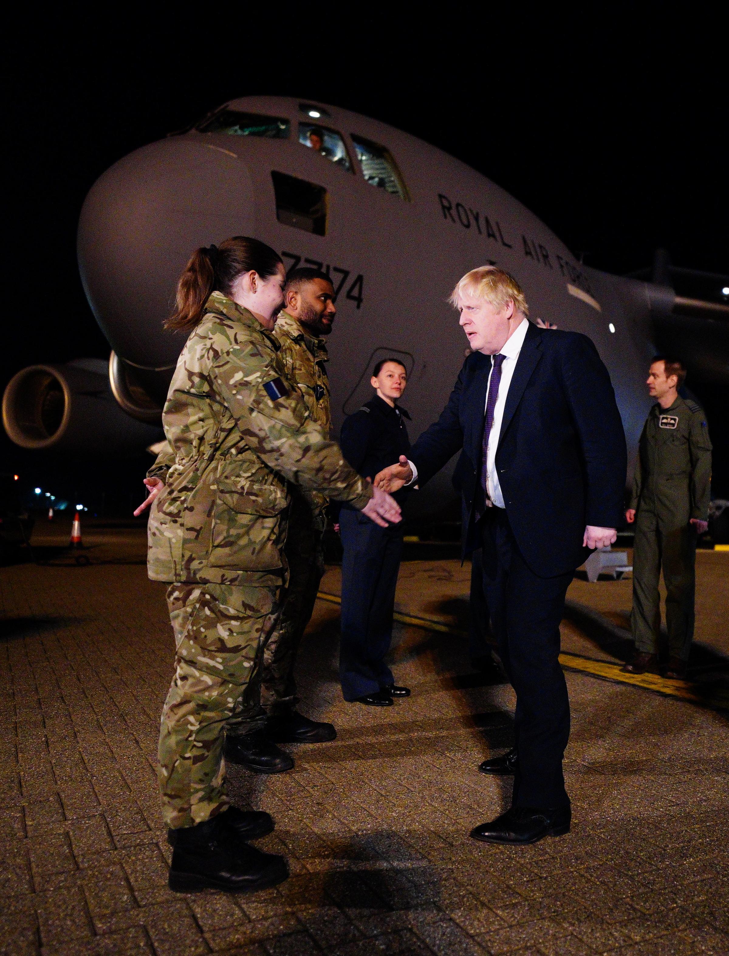 Prime Minister Boris Johnson meeting military personnel at RAF Brize Norton in Oxfordshire to thank them for their ongoing work facilitating military support to Ukraine and NATO. Picture: Ben Birchall/PA Wire 