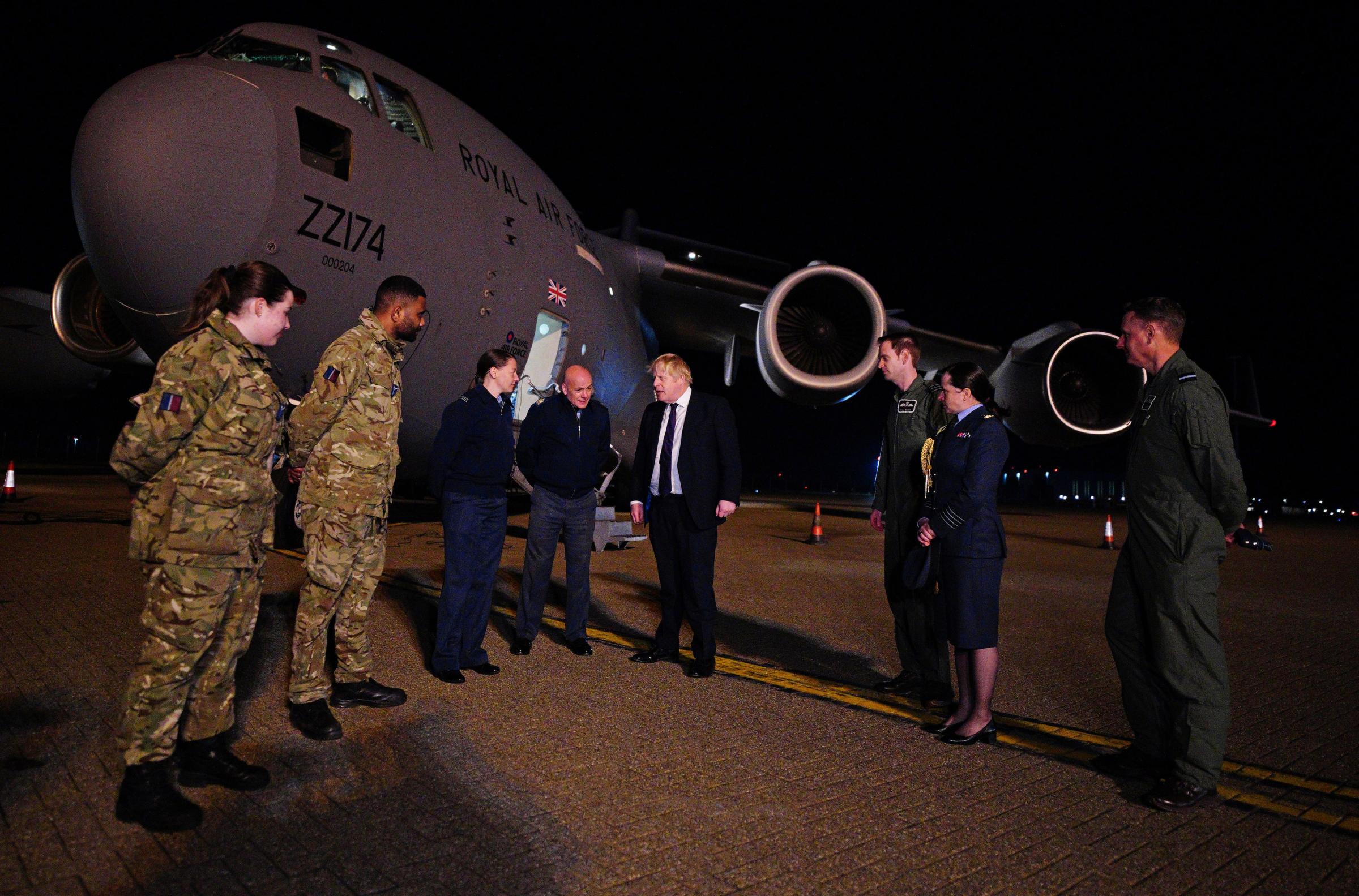 Prime Minister Boris Johnson meeting military personnel at RAF Brize Norton in Oxfordshire to thank them for their ongoing work facilitating military support to Ukraine and NATO. Picture: Ben Birchall/PA Wire 