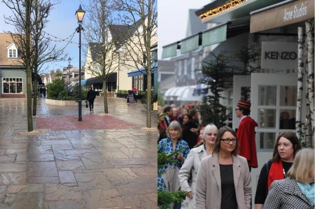 Bicester Village during lockdown, left, and pre-pandemic
