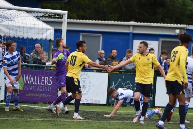 Sam Baldock and Sam Long celebrate the latter's goal against Oxford City Picture: Mike Allen