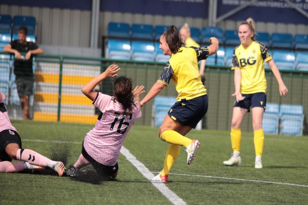 Leah Burridge puts Oxford United Women 3-0 up against Hashtag United Picture: Darrell Fisher