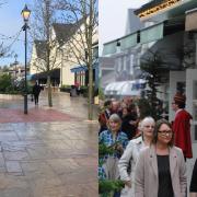 Bicester Village during lockdown, left, and pre-pandemic