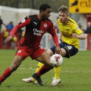 Jordan Evans battles for the ball during Oxford United's 5-1 win over Crawley Town Picture: David Fleming