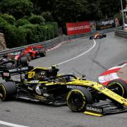 Renault’s Nico Hulkenberg leads Haas’ Romain Grosjean and Ferrari’s Charles Leclerc in Monaco Picture: XPB/James Moy Photography Ltd