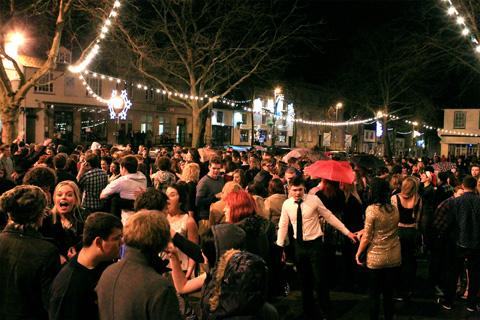New Years celebrations, revellers  in Market square Witney